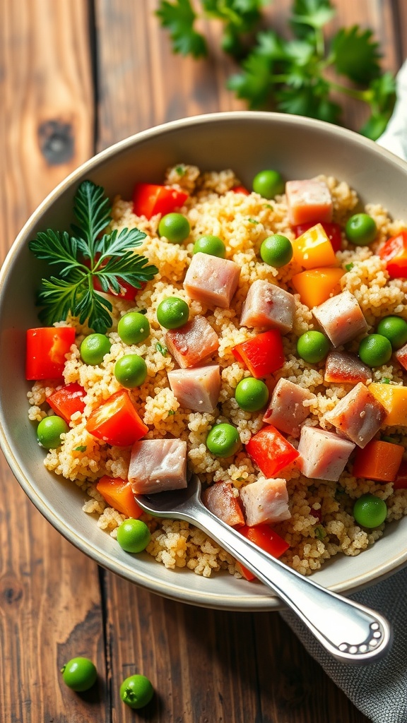 A bowl of quinoa jambon with bell peppers, peas, and ham, garnished with parsley on a rustic wooden table.
